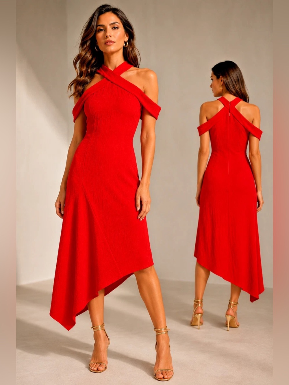 Rachel Roy Capri Drape Exposed Shoulder Asymmetrical Hem Cocktail Red Dress